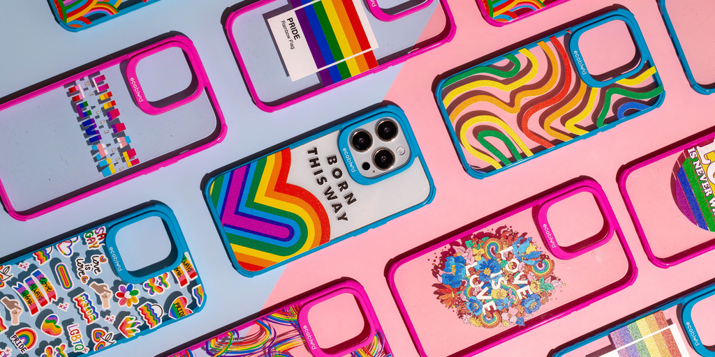 EcoBlvd's Pride Collection phone cases with vibrant  LBGTQ+ designs and slogans against a pastel backdrop.