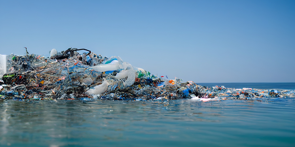 Floating plastic debris and trash in the ocean, forming a section of the Great Pacific Garbage Patch (GPGP