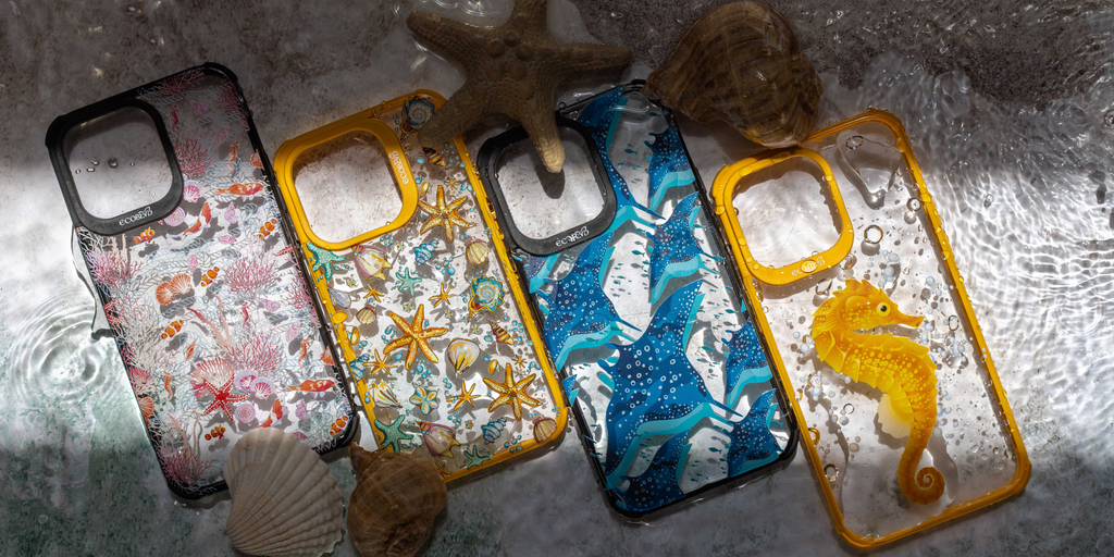 4 Designs From EcoBlvd's Seaside Collection With A Star Fish And Seashell In Water