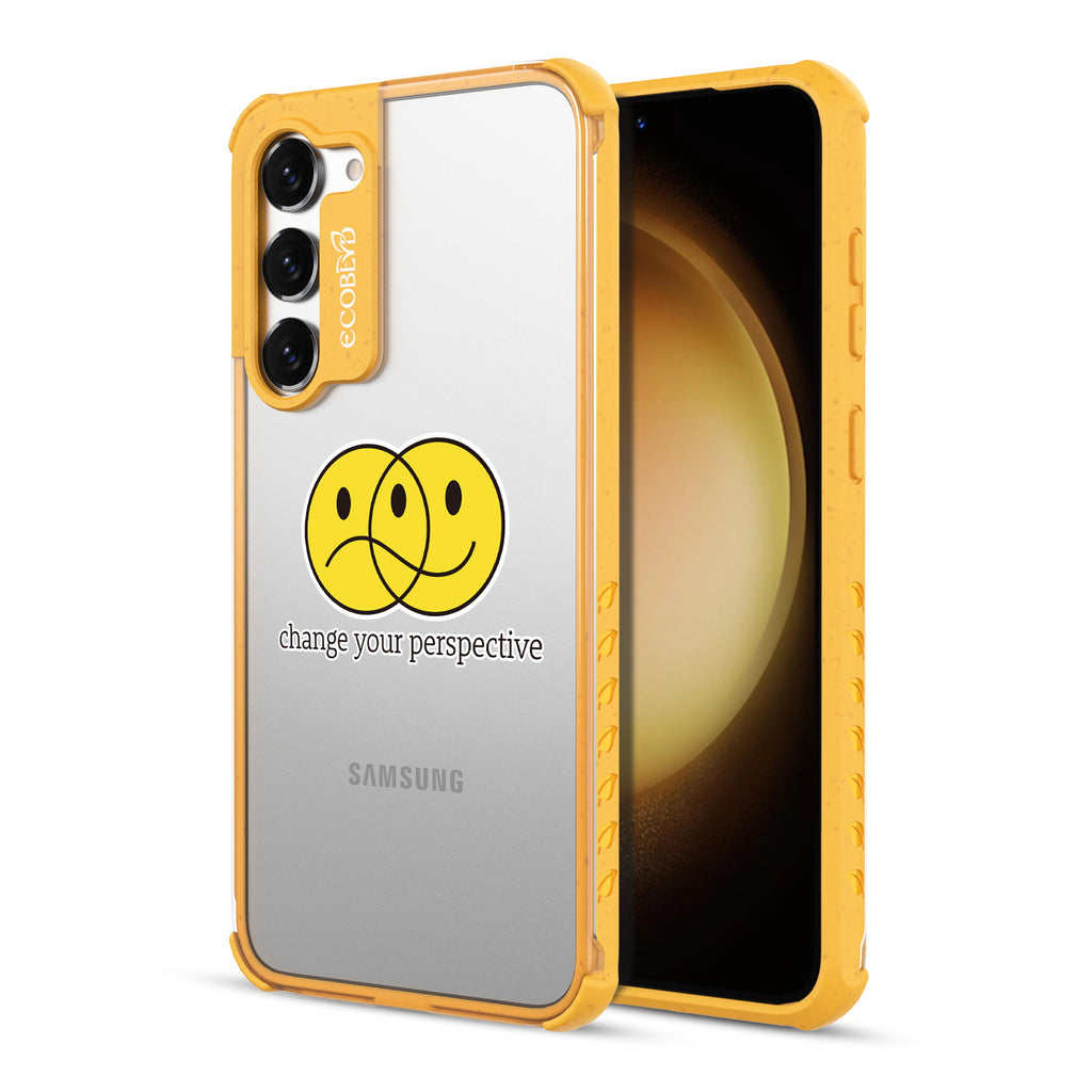 Perspective - Back View Of Yellow & Clear Eco-Friendly Galaxy S23 Case & A Front View Of The Screen