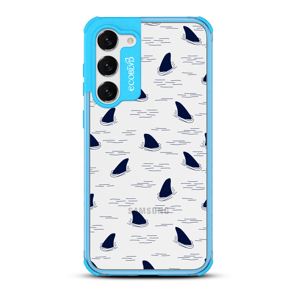 Shark Fin - Blue Eco-Friendly Galaxy S23 Plus Case With Shark Fins Peeking From Water On A Clear Back