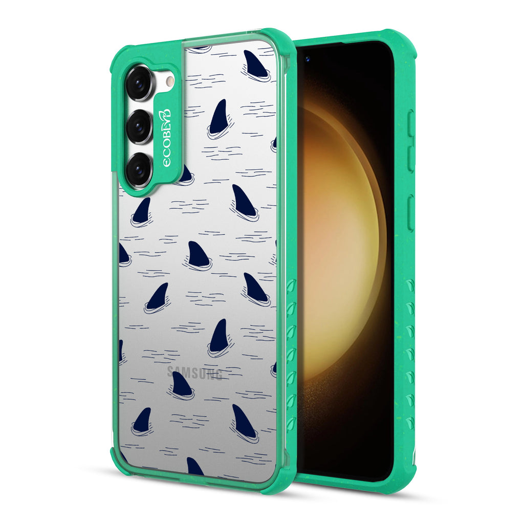 Shark Fin - Back View Of Green & Clear Eco-Friendly Galaxy S23 Plus Case & A Front View Of The Screen