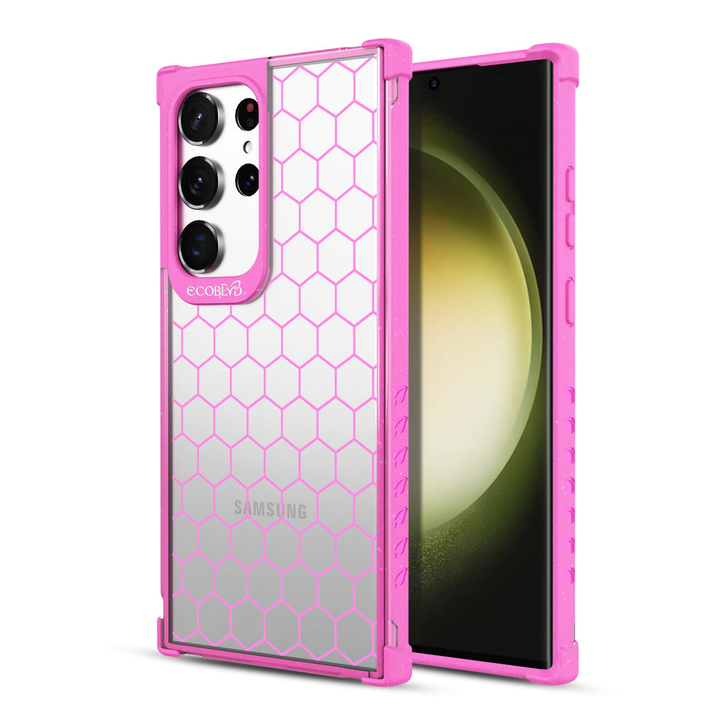 Honeycomb - Back View Of Pink & Clear Eco-Friendly Galaxy S23 Ultra Case & A Front View Of The Screen