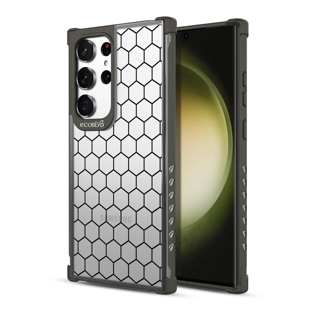 Honeycomb - Back View Of Black & Clear Eco-Friendly Galaxy S23 Ultra Case & A Front View Of The Screen