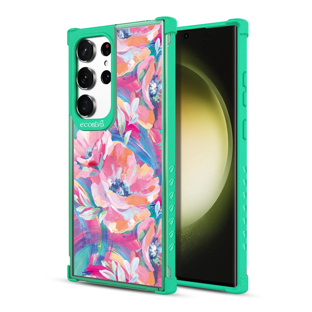 Pastel Poppy - Back View Of Green & Clear Eco-Friendly Galaxy S23 Ultra Case & A Front View Of The Screen