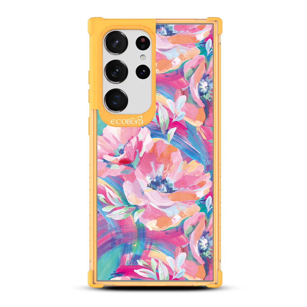 Pastel Poppy - Yellow Eco-Friendly Galaxy S23 Ultra Case With A Pastel-Colored Abstract Painting Of Poppies On A Clear Back