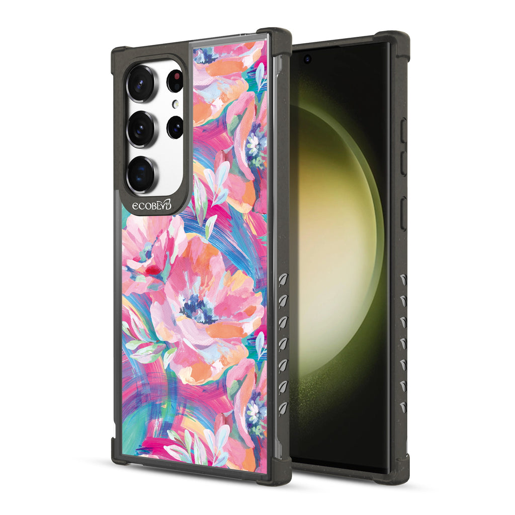 Pastel Poppy - Back View Of Black & Clear Eco-Friendly Galaxy S23 Ultra Case & A Front View Of The Screen