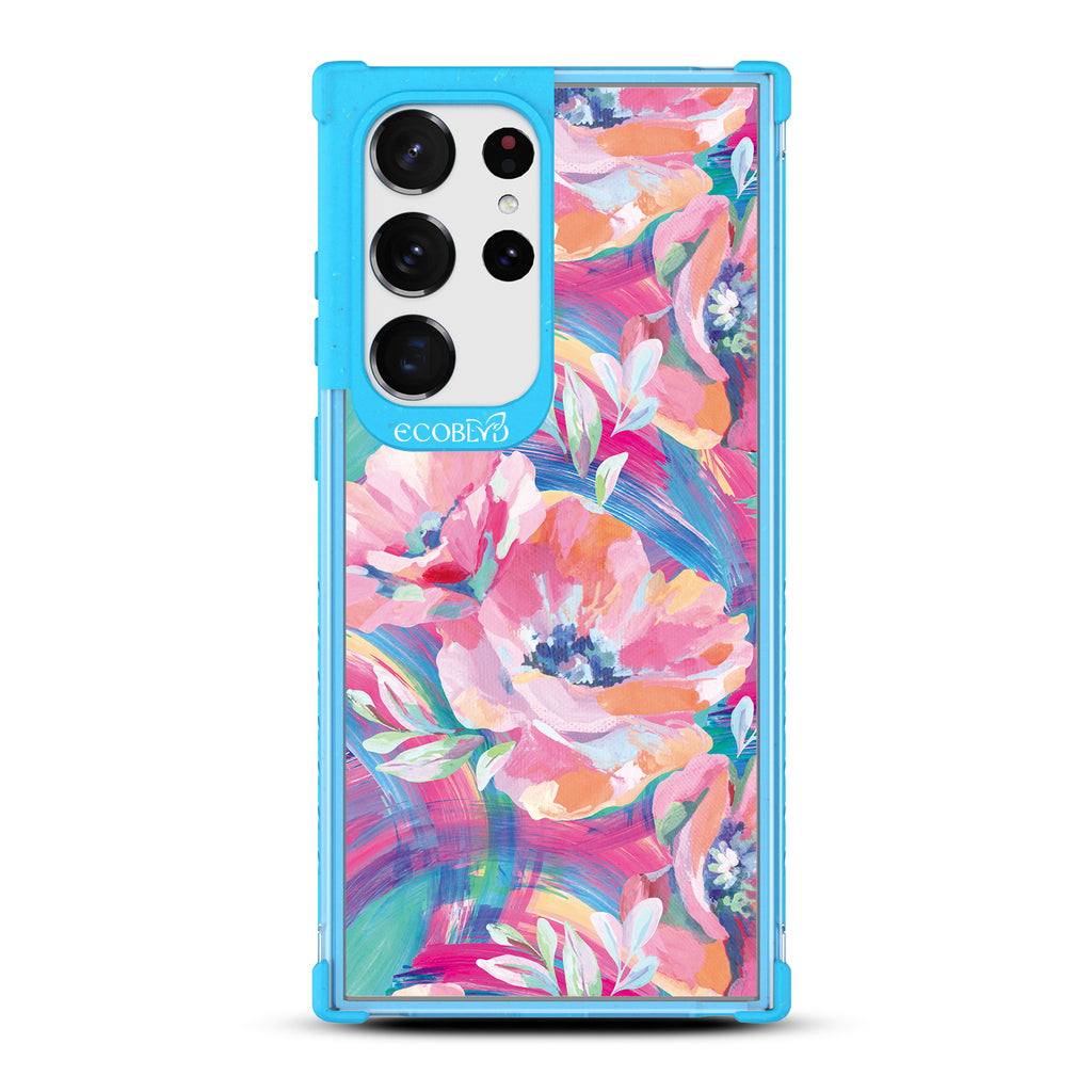 Pastel Poppy - Blue Eco-Friendly Galaxy S23 Ultra Case With A Pastel-Colored Abstract Painting Of Poppies On A Clear Back