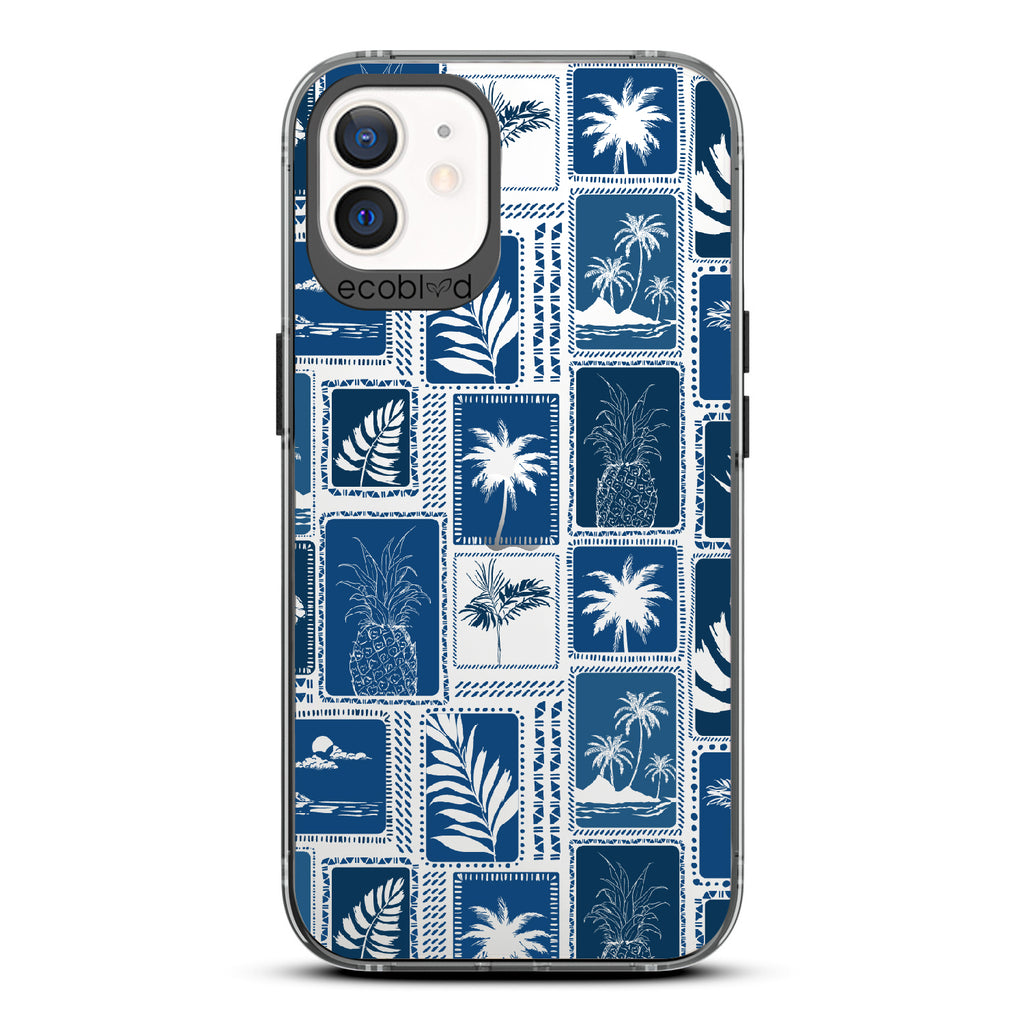 Oasis - Black Eco-Friendly iPhone 12/12 Pro Case With Tropical Shirt Palm Trees & Pineapple Print On A Clear Back