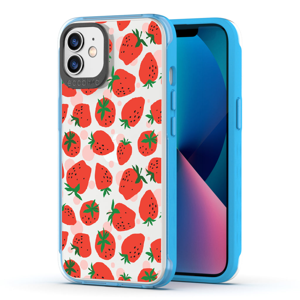 Strawberry Fields - Back View Of Blue & Clear Eco-Friendly iPhone 12/12 Pro Case & A Front View Of The Screen