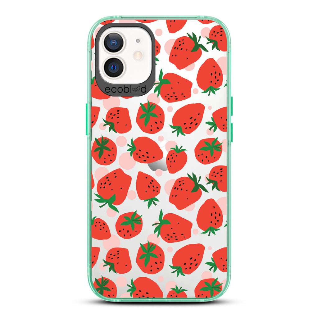 Strawberry Fields - Green Eco-Friendly iPhone 12/12 Pro Case With Strawberries On A Clear Back