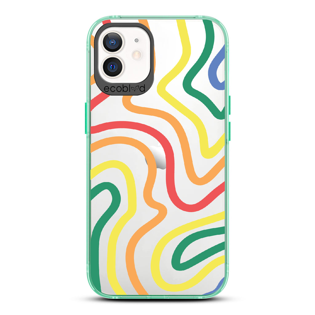 True Colors - Green Eco-Friendly iPhone 12/12 Pro Case With Abstract Lines In Different Colors Of The Rainbow On A Clear Back