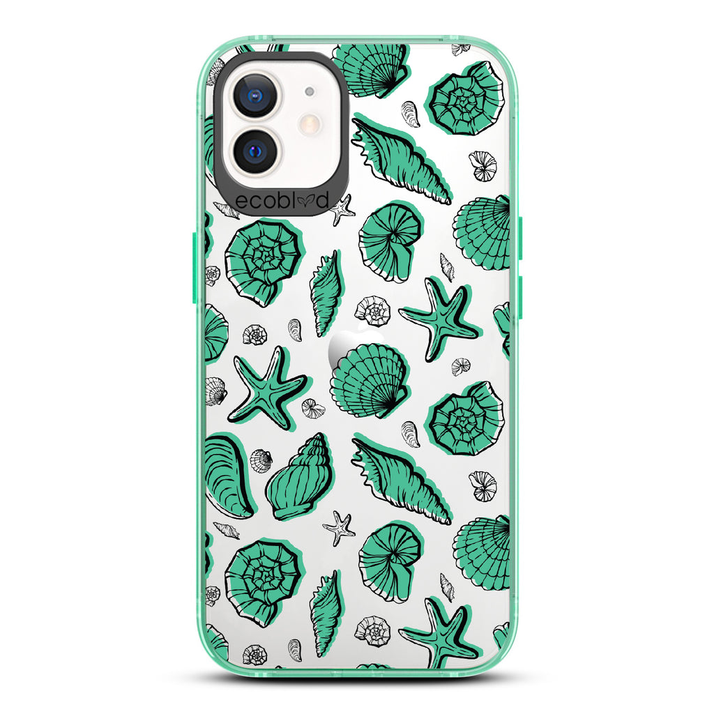 Seashells Seashore - Green Eco-Friendly iPhone 12/12 Pro Case With Seashells and Starfish On A Clear Back