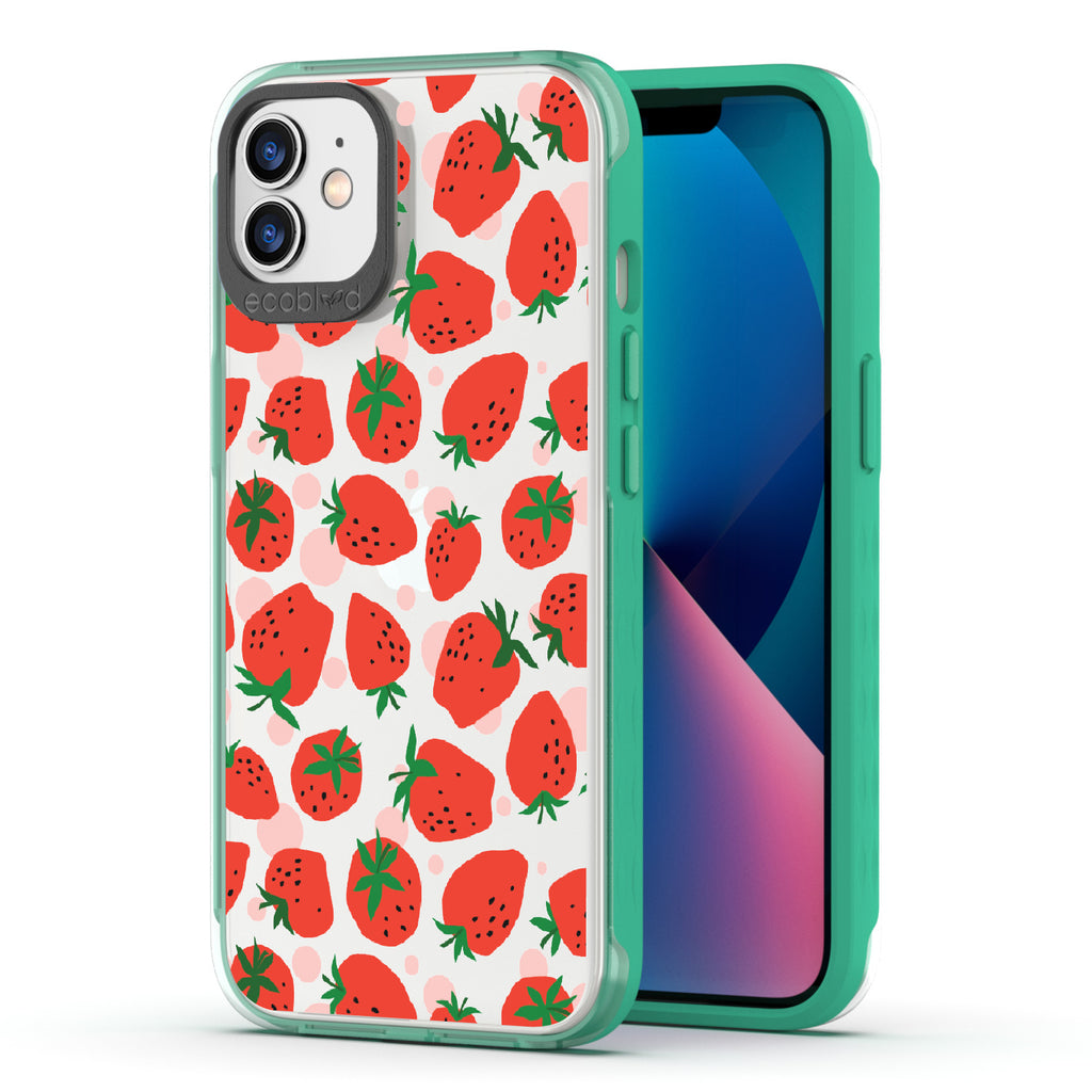 Strawberry Fields - Back View Of Green & Clear Eco-Friendly iPhone 12/12 Pro Case & A Front View Of The Screen