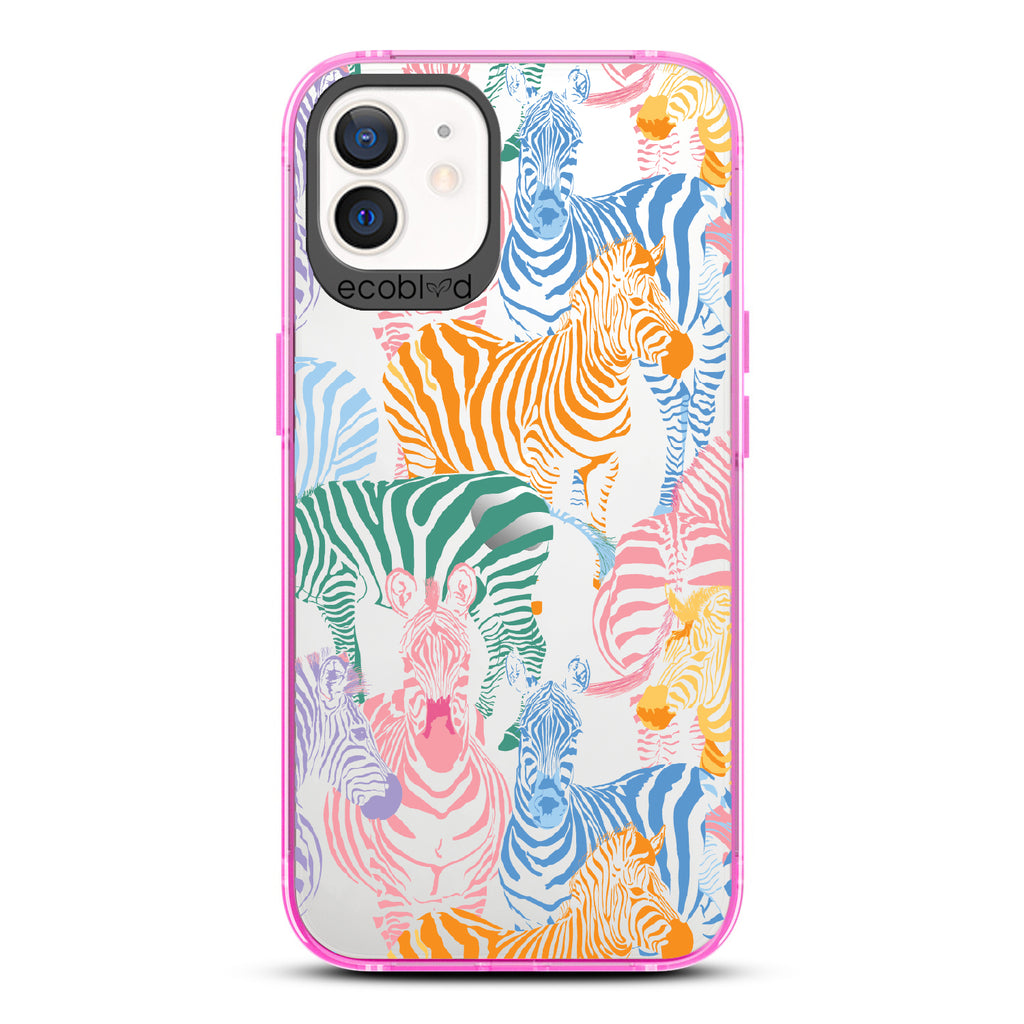 Colorful Herd - Pink Eco-Friendly iPhone 12/12 Pro Case With Zebras in Multiple Colors On A Clear Back