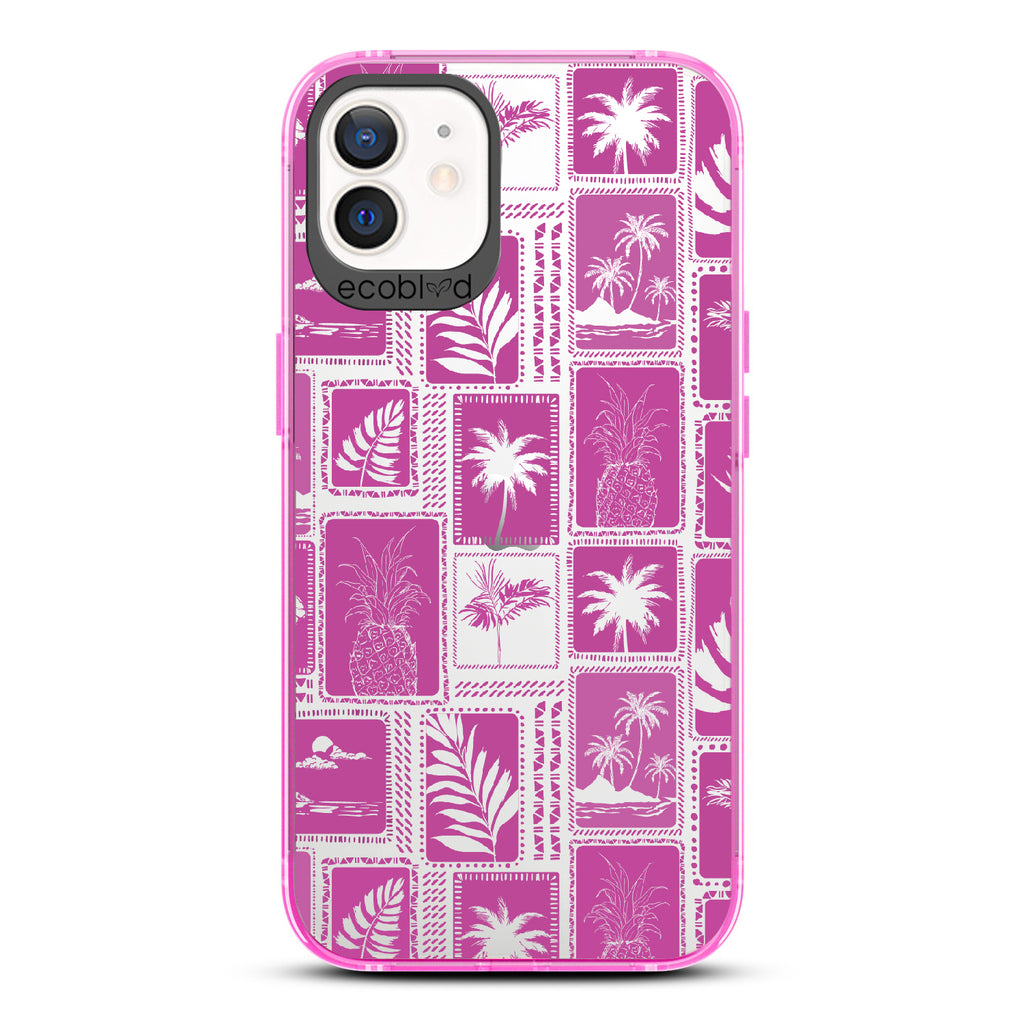 Oasis - Pink Eco-Friendly iPhone 12/12 Pro Case With Tropical Shirt Palm Trees & Pineapple Print On A Clear Back