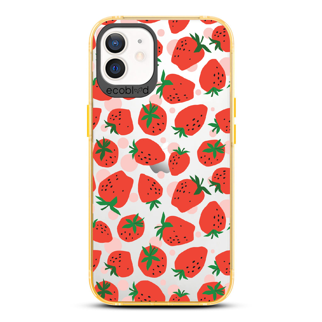 Strawberry Fields - Yellow Eco-Friendly iPhone 12/12 Pro Case With Strawberries On A Clear Back