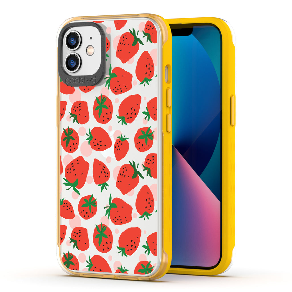 Strawberry Fields - Back View Of Yellow & Clear Eco-Friendly iPhone 12/12 Pro Case & A Front View Of The Screen