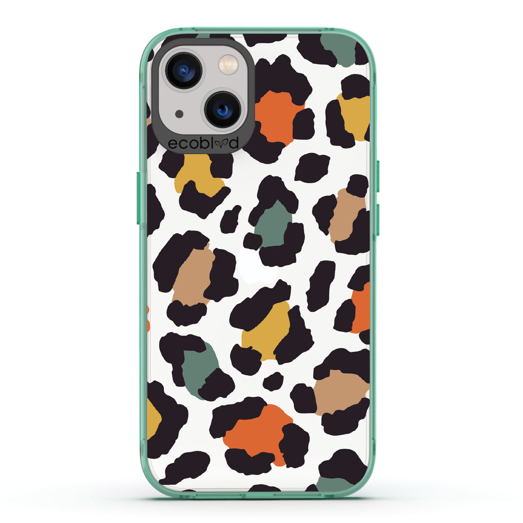  Cheetahlicious - Green Eco-Friendly iPhone 13 Case With Multi-Colored Cheetah Print On A Clear Back