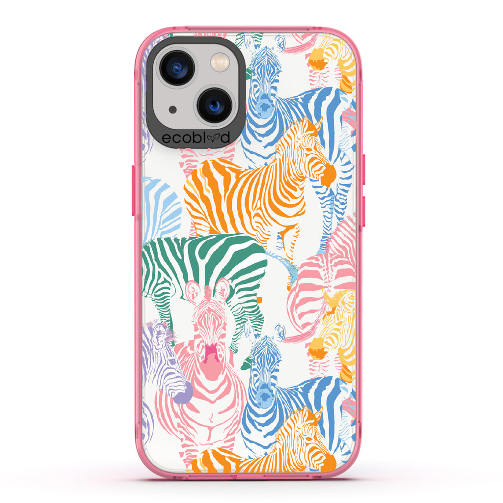 Colorful Herd - Pink Eco-Friendly iPhone 13 Case With Zebras in Multiple Colors On A Clear Back