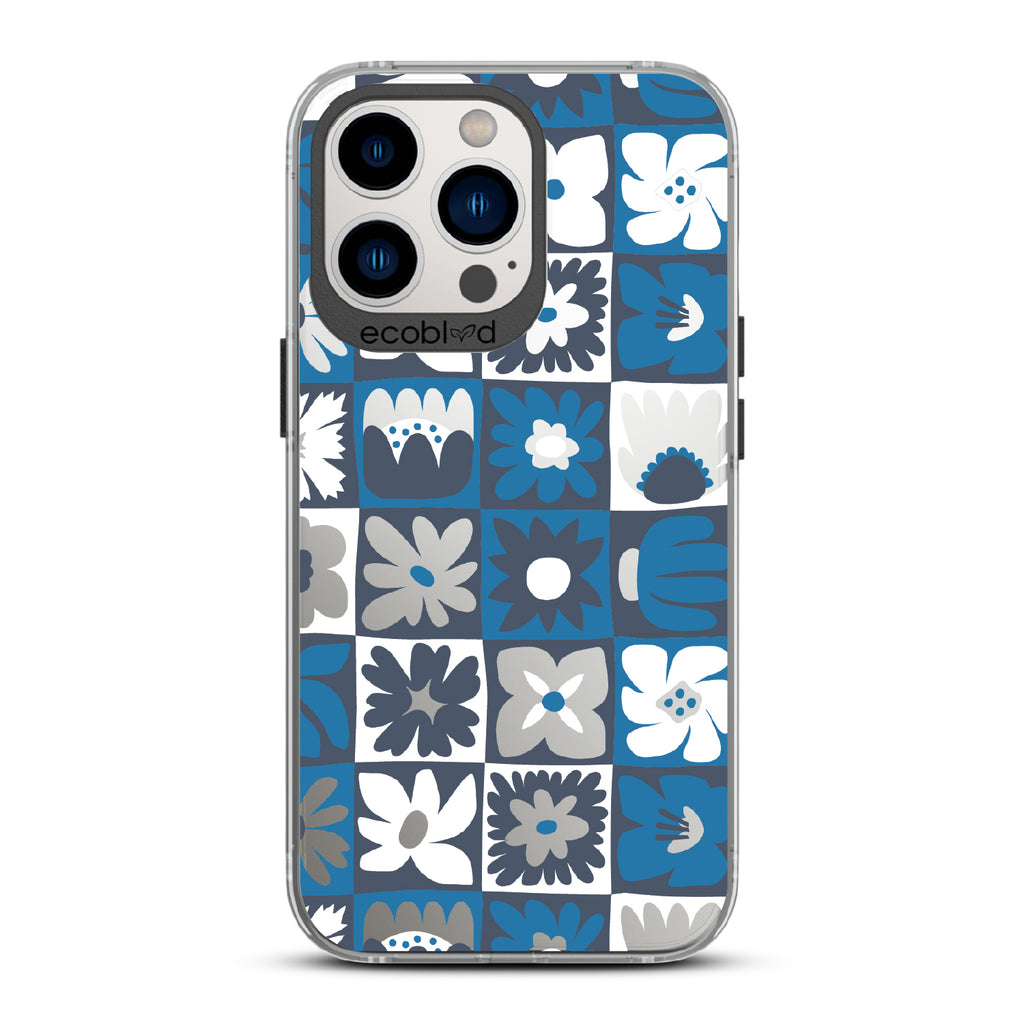 Paradise Blooms - Black Eco-Friendly iPhone 13 Pro Case With Tropical Floral Checker Print On A Clear Back