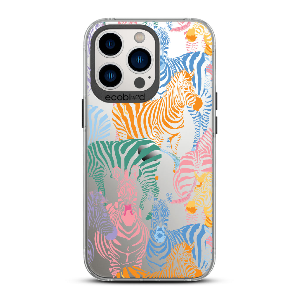 Colorful Herd - Black Eco-Friendly iPhone 13 Pro Case With Zebras in Multiple Colors On A Clear Back