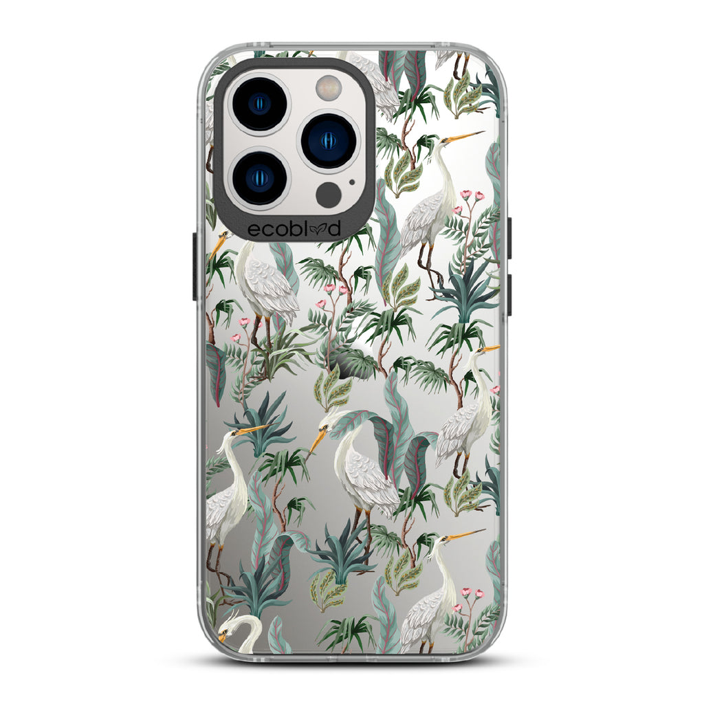 Flock Together - Black Eco-Friendly iPhone 13 Pro Case With Herons & Peonies On A Clear Back
