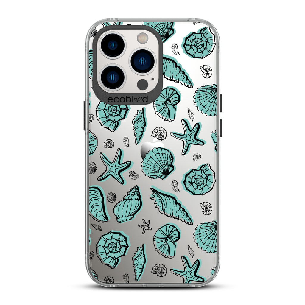 Seashells Seashore - Black Eco-Friendly iPhone 13 Pro Case With Seashells and Starfish On A Clear Back