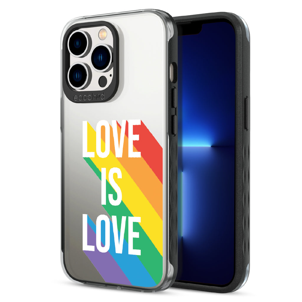 Spectrum Of Love - Back View Of Black & Clear Eco-Friendly iPhone 13 Pro Case & A Front View Of The Screen