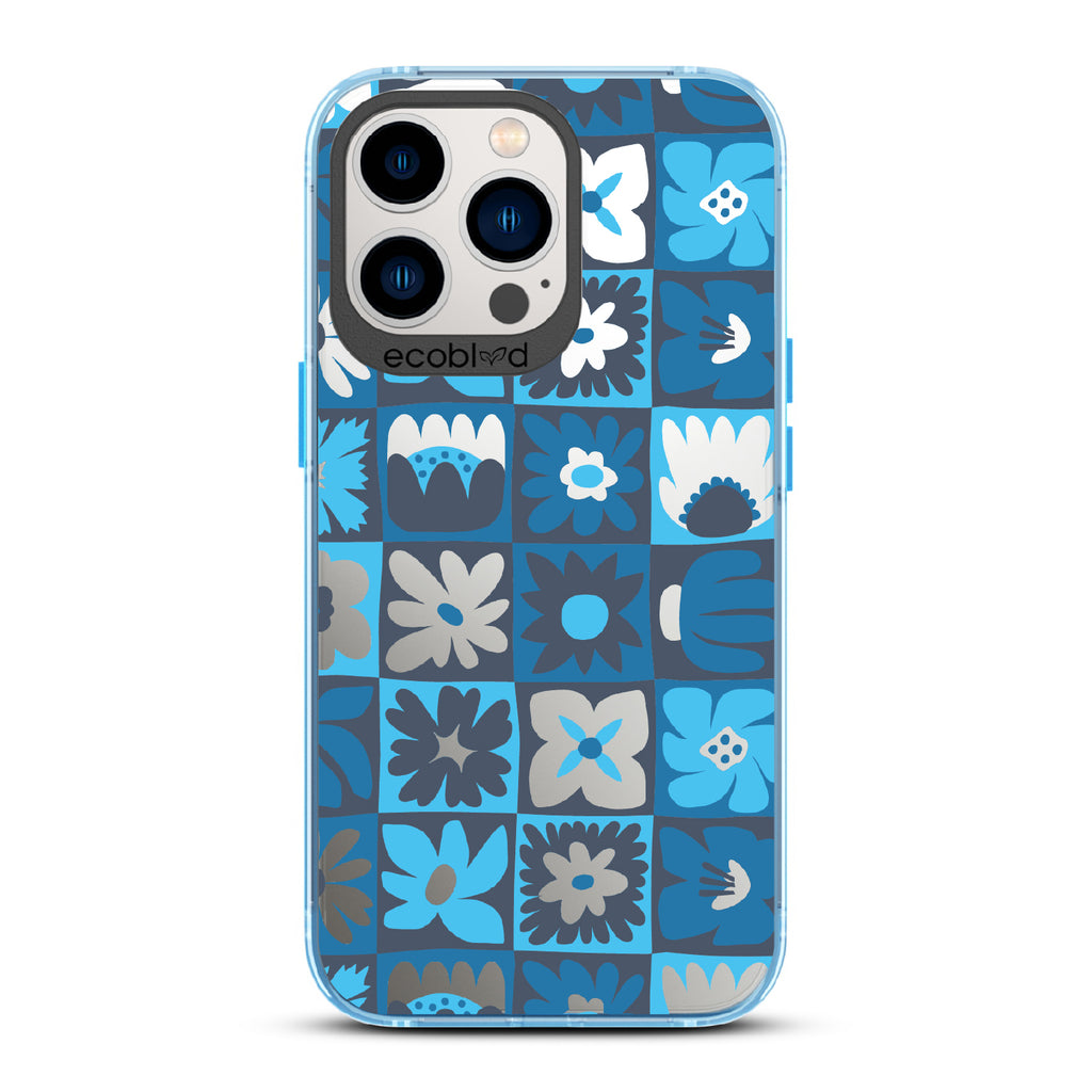 Paradise Blooms - Blue Eco-Friendly iPhone 13 Pro Case With Tropical Floral Checker Print On A Clear Back