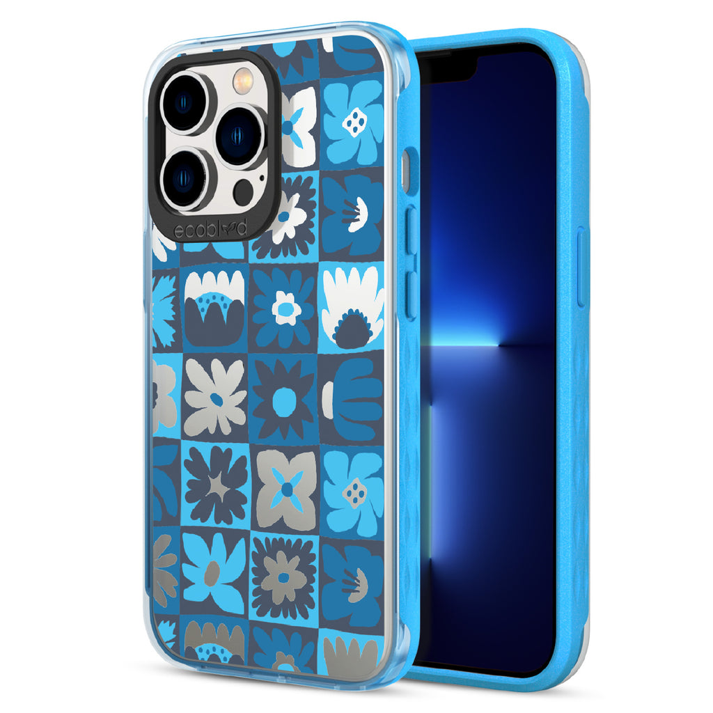 Paradise Blooms - Back View Of Blue & Clear Eco-Friendly iPhone 13 Pro Case & A Front View Of The Screen