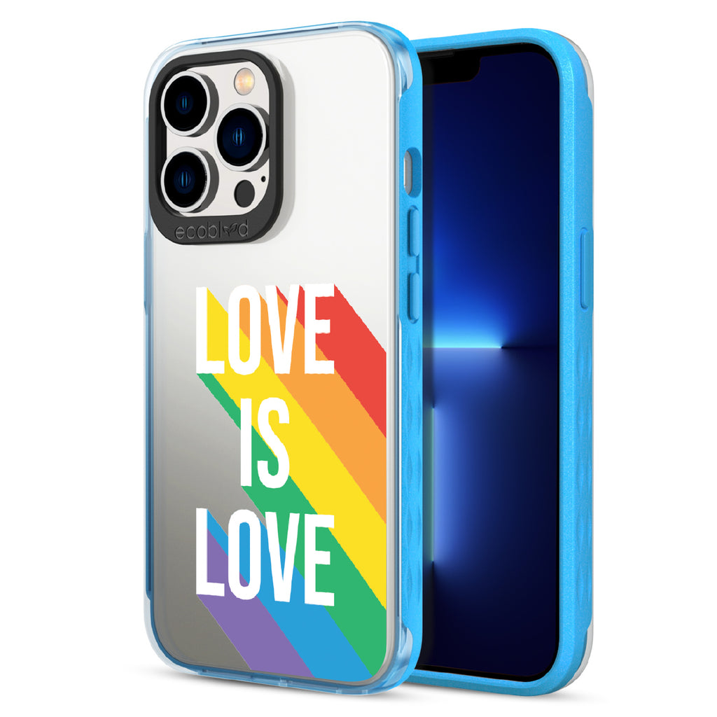 Spectrum Of Love - Back View Of Blue & Clear Eco-Friendly iPhone 13 Pro Case & A Front View Of The Screen