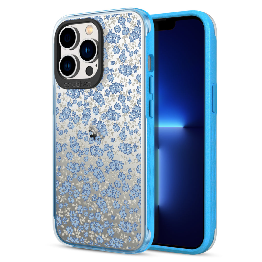 Ditsy Daze - Back View Of Blue & Clear Eco-Friendly iPhone 13 Pro Case & A Front View Of The Screen