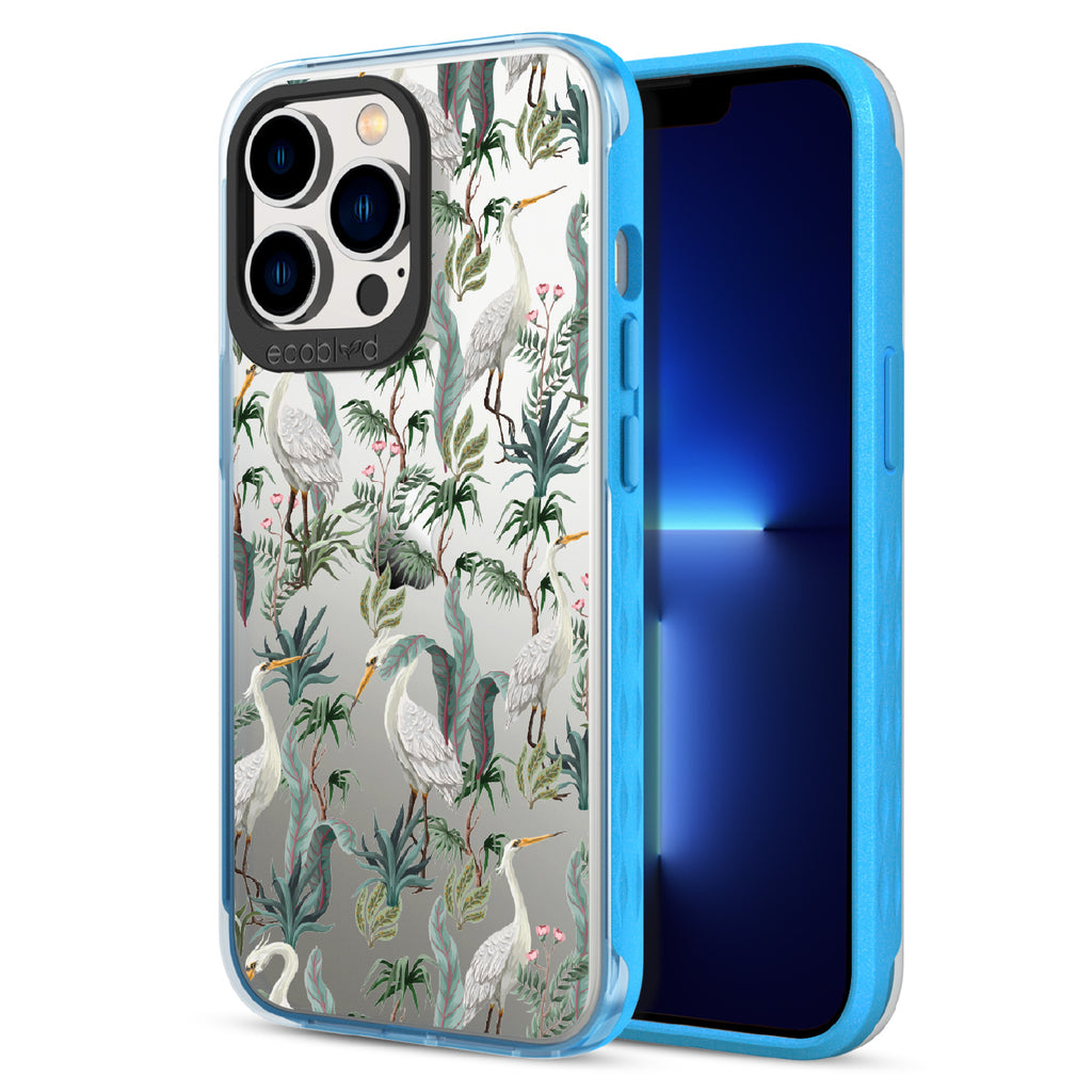 Flock Together - Back View Of Blue & Clear Eco-Friendly iPhone 13 Pro Case & A Front View Of The Screen