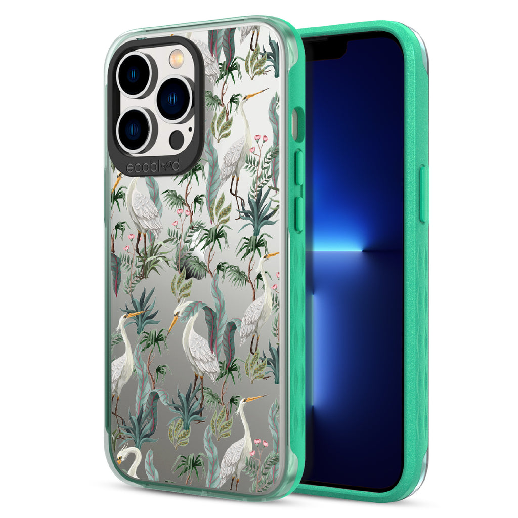 Flock Together - Back View Of Green & Clear Eco-Friendly iPhone 13 Pro Case & A Front View Of The Screen