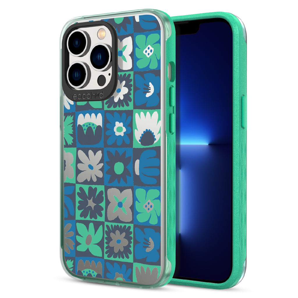 Paradise Blooms - Back View Of Green & Clear Eco-Friendly iPhone 13 Pro Case & A Front View Of The Screen