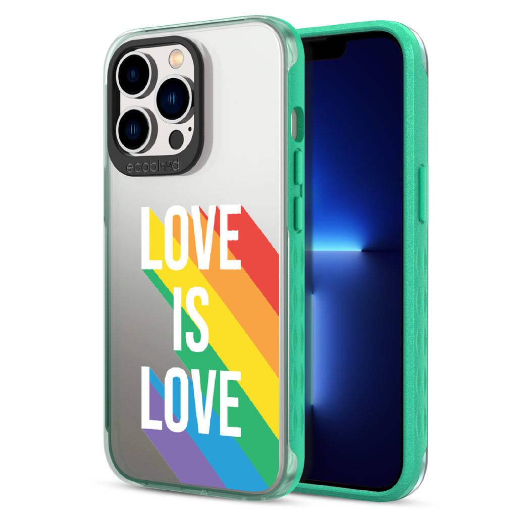 Spectrum Of Love - Back View Of Green & Clear Eco-Friendly iPhone 13 Pro Case & A Front View Of The Screen