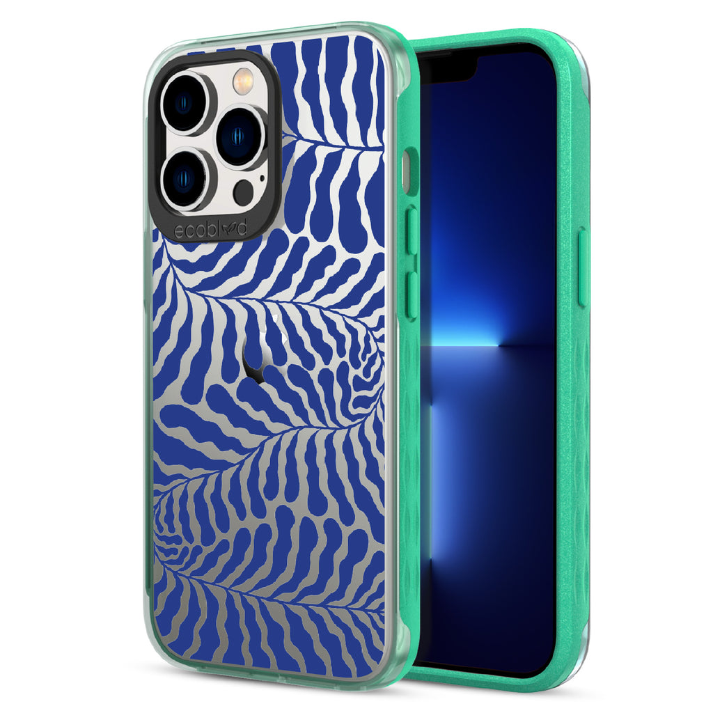 Blue Lagoon  - Back View Of Green & Clear Eco-Friendly iPhone 13 Pro Case & A Front View Of The Screen