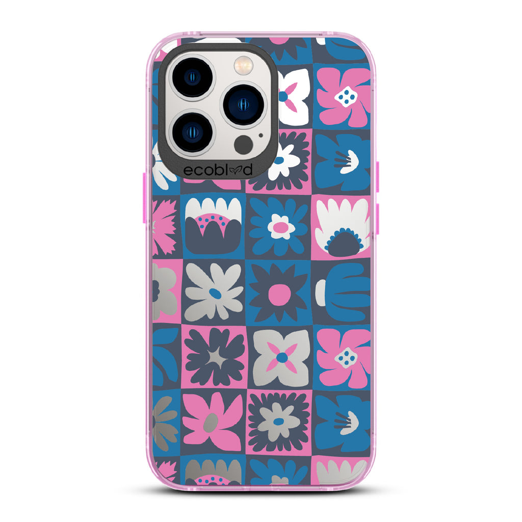 Paradise Blooms - Pink Eco-Friendly iPhone 13 Pro Case With Tropical Floral Checker Print On A Clear Back