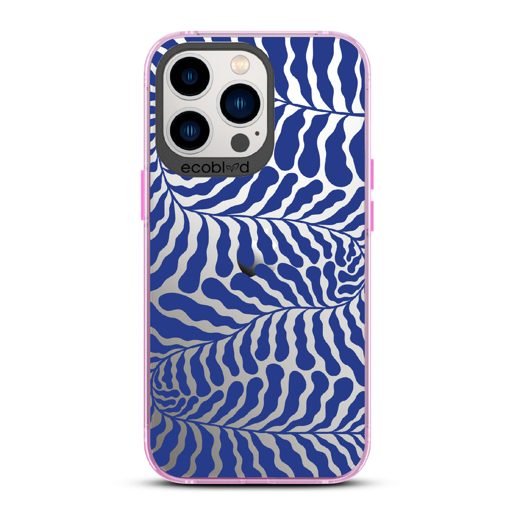 Blue Lagoon - Pink Eco-Friendly iPhone 13 Pro Case With Abstract Tropical Blue Seaweed On A Clear Back