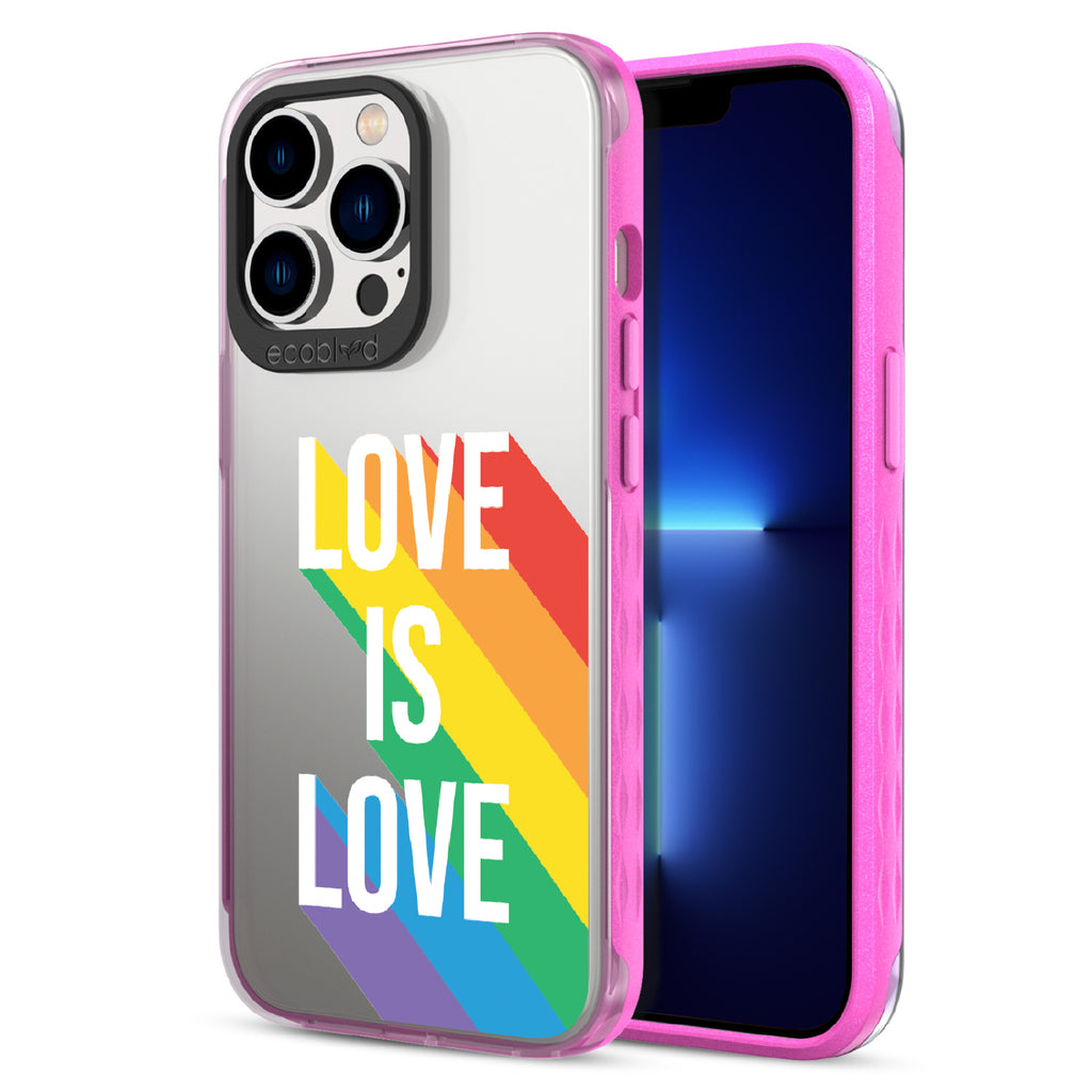 Spectrum Of Love - Back View Of Pink & Clear Eco-Friendly iPhone 13 Pro Case & A Front View Of The Screen