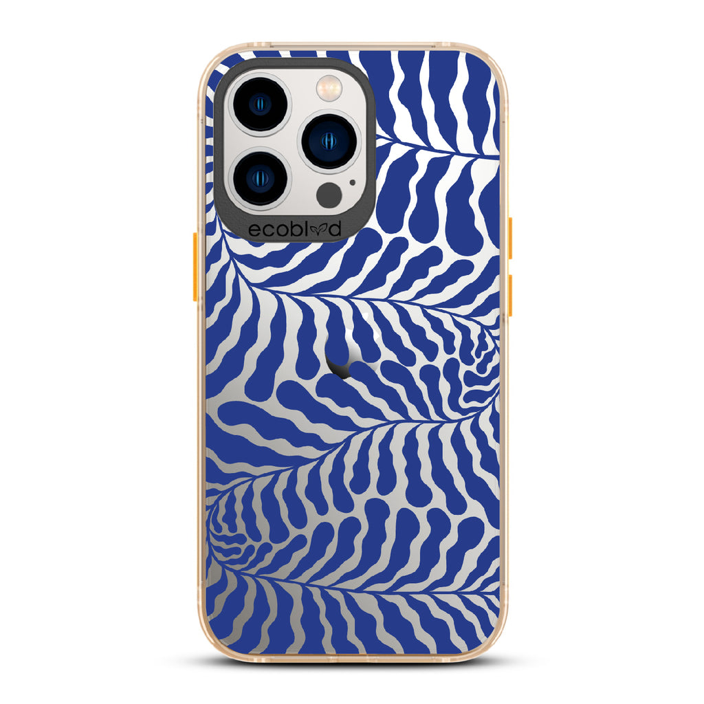 Blue Lagoon - Yellow Eco-Friendly iPhone 13 Pro Case With Abstract Tropical Blue Seaweed On A Clear Back