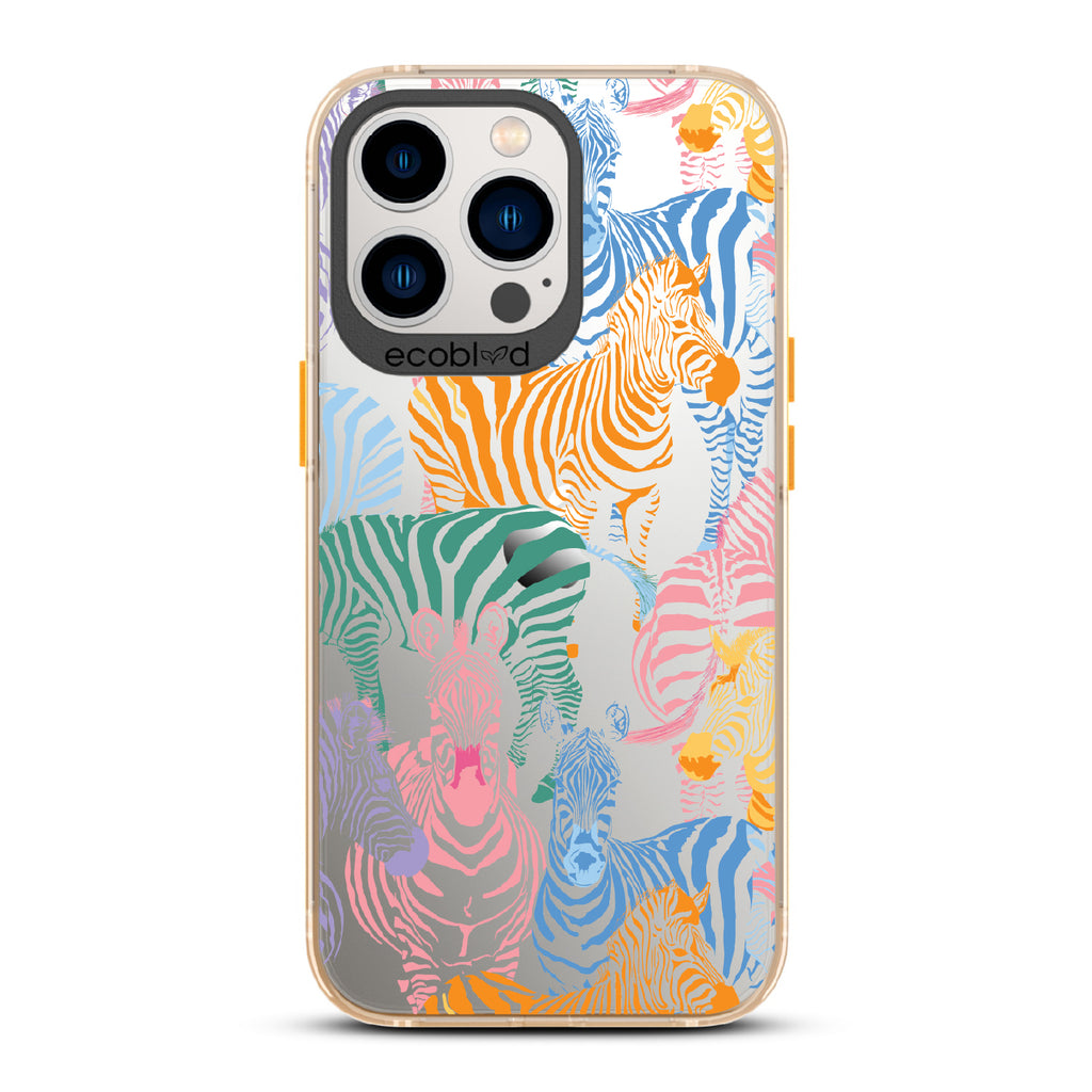 Colorful Herd - Yellow Eco-Friendly iPhone 13 Pro Case With Zebras in Multiple Colors On A Clear Back