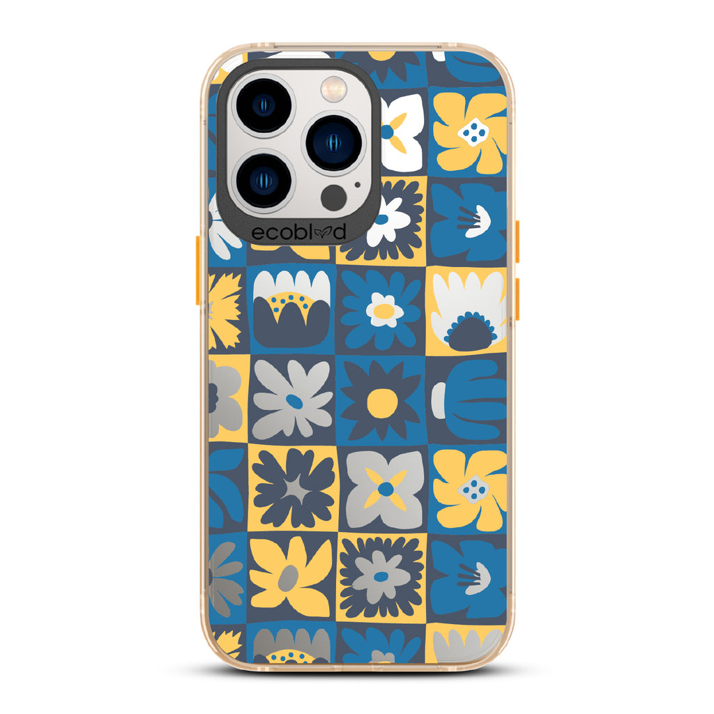 Paradise Blooms - Yellow Eco-Friendly iPhone 13 Pro Case With Tropical Floral Checker Print On A Clear Back