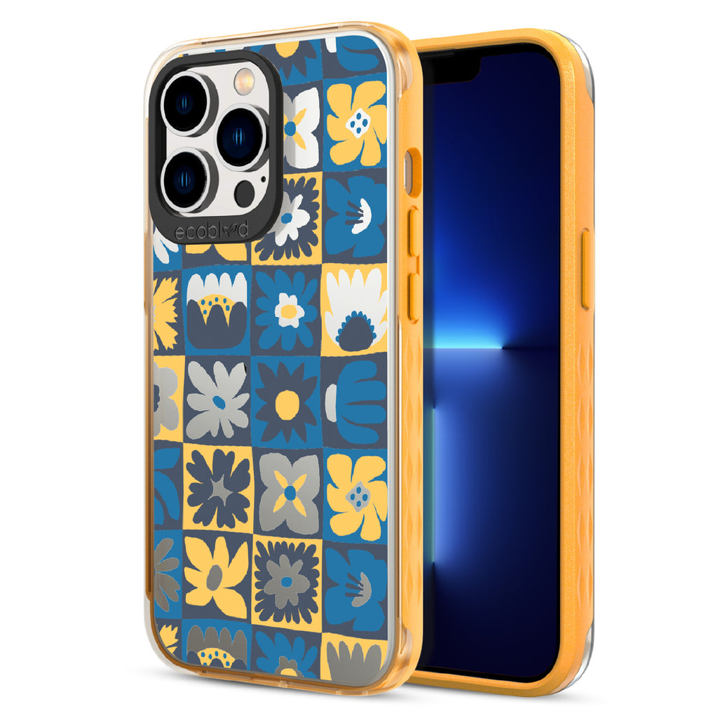 Paradise Blooms - Back View Of Yellow & Clear Eco-Friendly iPhone 13 Pro Case & A Front View Of The Screen