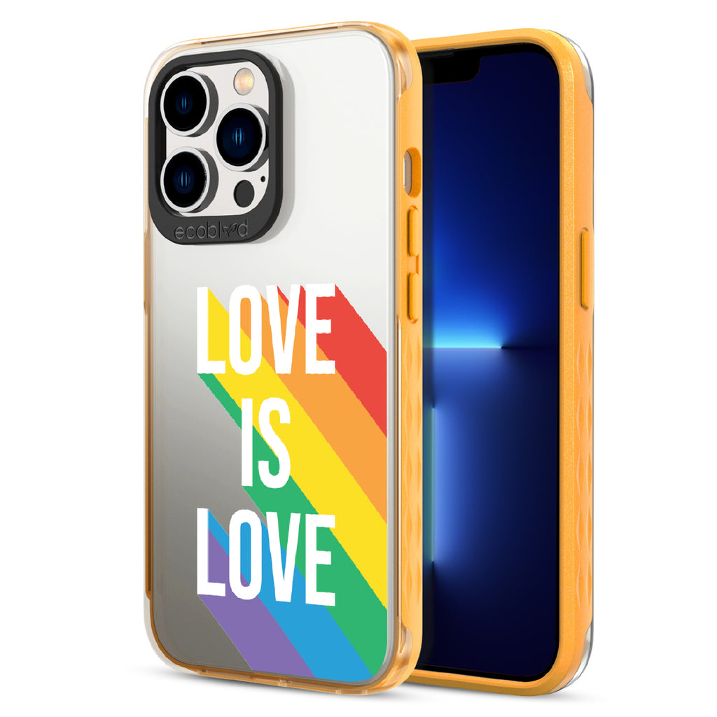 Spectrum Of Love - Back View Of Yellow & Clear Eco-Friendly iPhone 13 Pro Case & A Front View Of The Screen