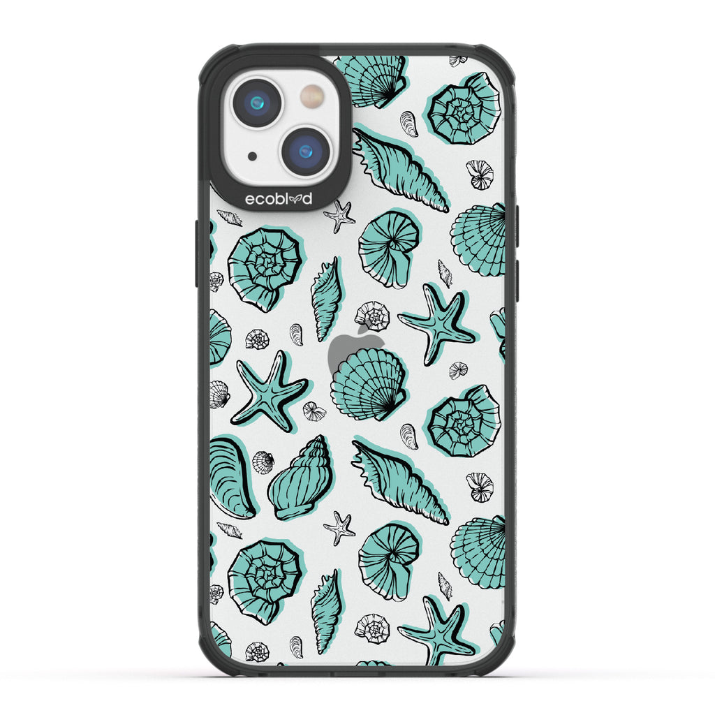 Seashells Seashore - Black Eco-Friendly iPhone 14 Case With Seashells and Starfish On A Clear Back