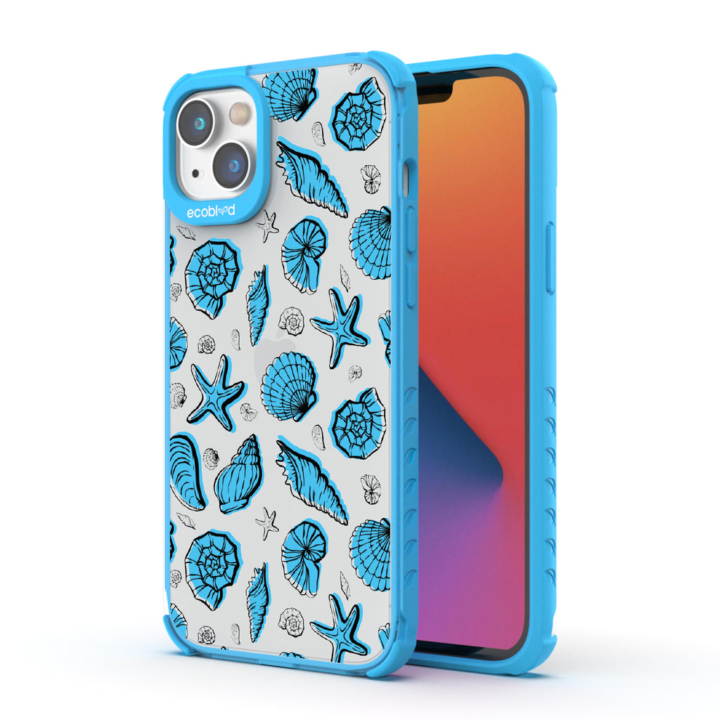 Seashells Seashore - Back View Of Blue & Clear Eco-Friendly iPhone 14 Case & A Front View Of The Screen