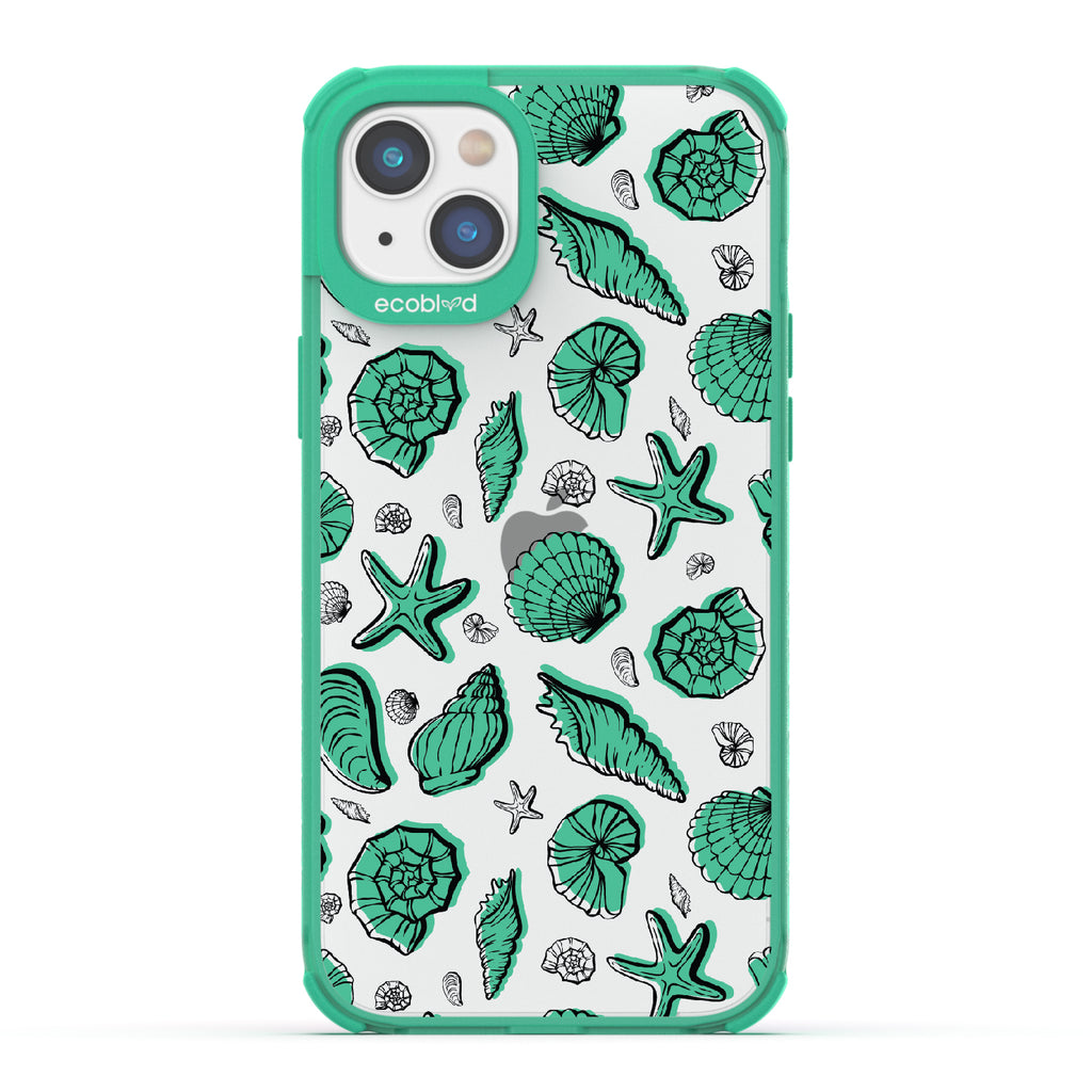 Seashells Seashore - Green Eco-Friendly iPhone 14 Case With Seashells and Starfish On A Clear Back