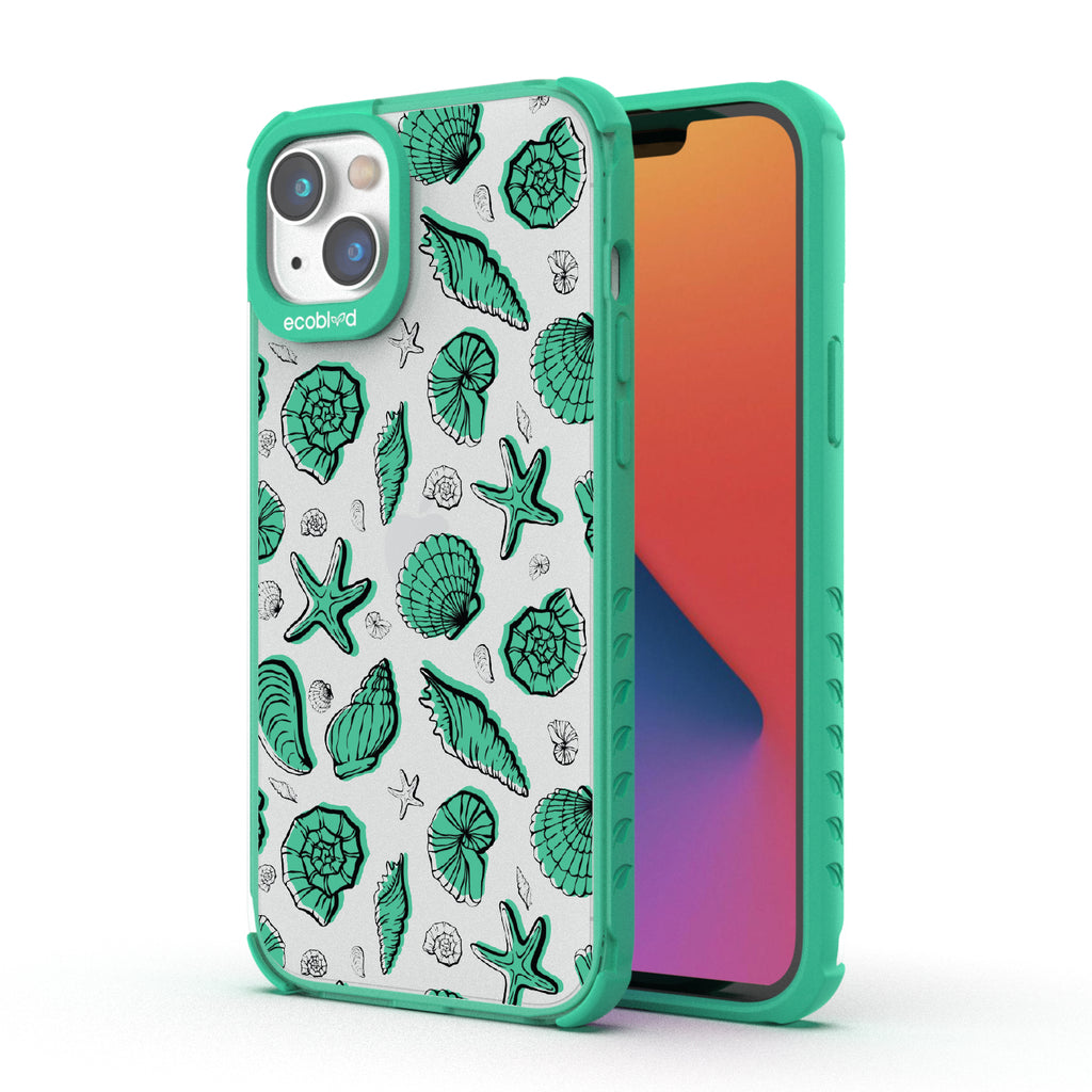 Seashells Seashore - Back View Of Green & Clear Eco-Friendly iPhone 14 Case & A Front View Of The Screen